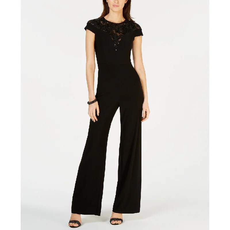 Women's Casual Strapless Dresses-Adrianna Papell Women's Embroidered Illusion Jumpsuit Black Size 6