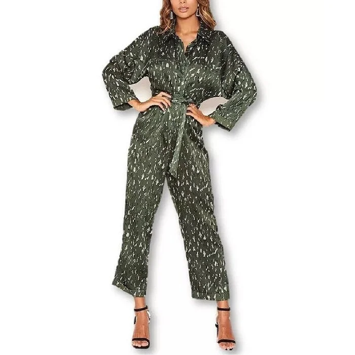 Women's Casual Picnic Solid Color Dresses-AX Paris Women's Printed Button Up Jumpsuit Green Size 10