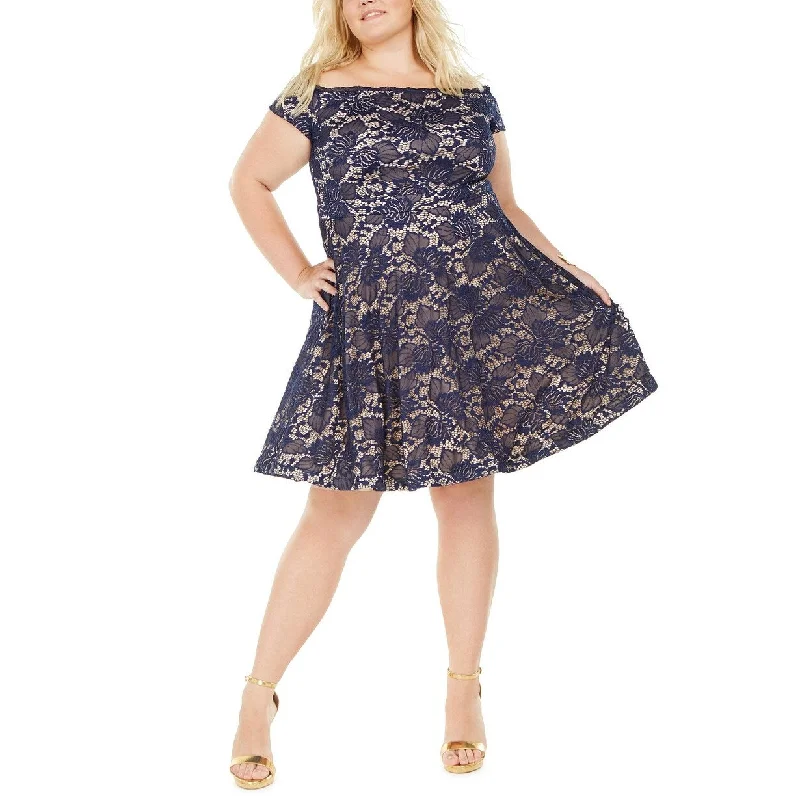 Women's Casual Errand Dresses-B Darlin Women's Plus Size Off-The-Shoulder Lace Dress Navy Size 14