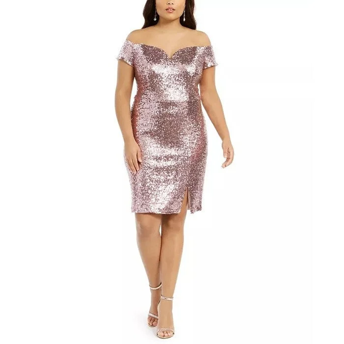 Women's Casual Dressy Dresses-B Darlin Women's Trendy Plus Size Off-The-Shoulder Sequined Bodycon Dress Pink Size Square 24