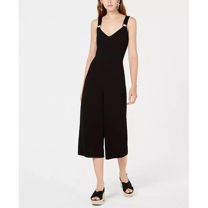 Women's Casual Wrap Solid Color Dresses-Bar III Women's Cropped O-Ring Jumpsuit Black Size 2