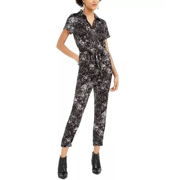 Women's Casual Concert Print Dresses-Bar III Women's Splatter Print Utility Jumpsuit Black Size Small