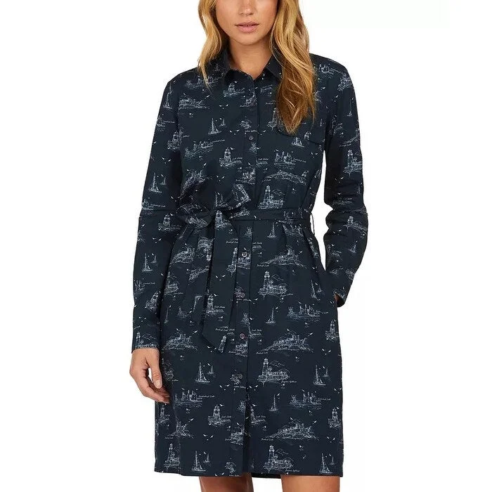 Women's Casual Swing Solid Color Dresses-Barbour Women's Salcombe Cotton Ship-Print Shirt Dress Navy Size 12