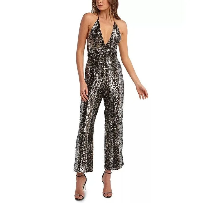 Women's Casual Boho Dresses-Bardot Women's Halter Disco Sequin Jumpsuit Grey Size Small