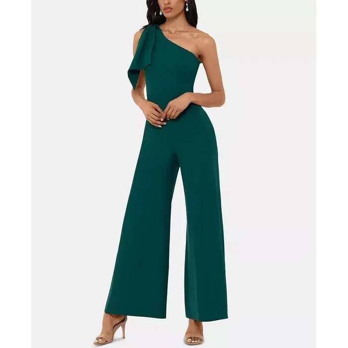 Women's Casual Knotted Dresses-Betsy & Adam Women's One Shoulder Bow Jumpsuit Green Size 12