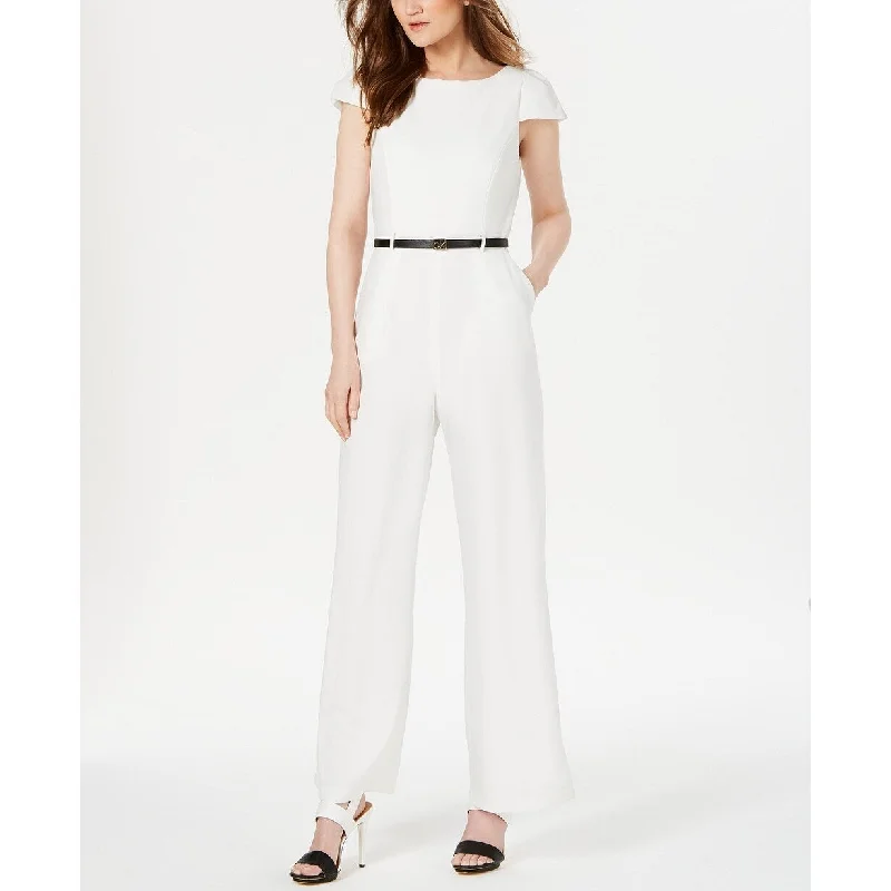 Women's Casual Swing Solid Color Dresses-Calvin Klein Women's Belted Cap-Sleeve Jumpsuit White Size 16