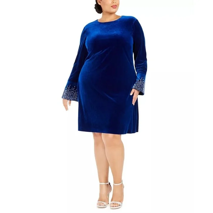 Women's Casual Asymmetrical Dresses-Calvin Klein Women's Bling Bell Sleeve Velvet Dress Blue Size Petite Small - Petite Small