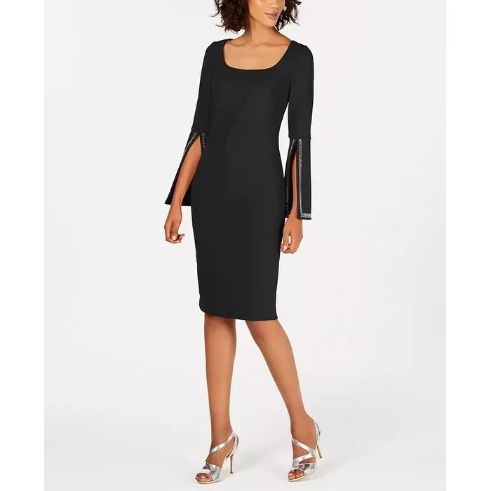 Women's Casual Park Solid Color Dresses-Calvin Klein Women's Blingy Bell-Sleeve Sheath Dress Black Size 4