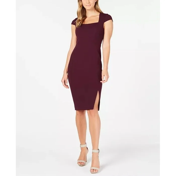 Women's Casual Ruffle Dresses-Calvin Klein Women's Cap-Sleeve Sheath Dress Purple Size 2 Petite