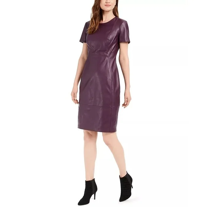 Women's Casual Dressy Dresses-Calvin Klein Women's Faux Leather Sheath Dress Purple Size 8