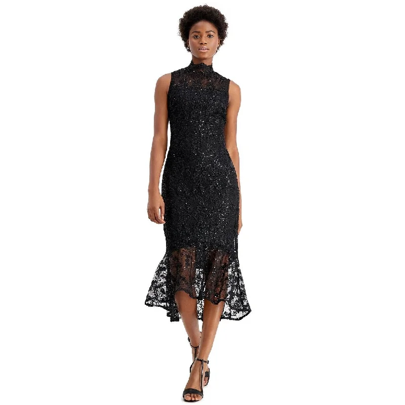 Women's Casual Concert Solid Color Dresses-Calvin Klein Women's Mock Neck Embroidered Lace Dress Black Black Size 8