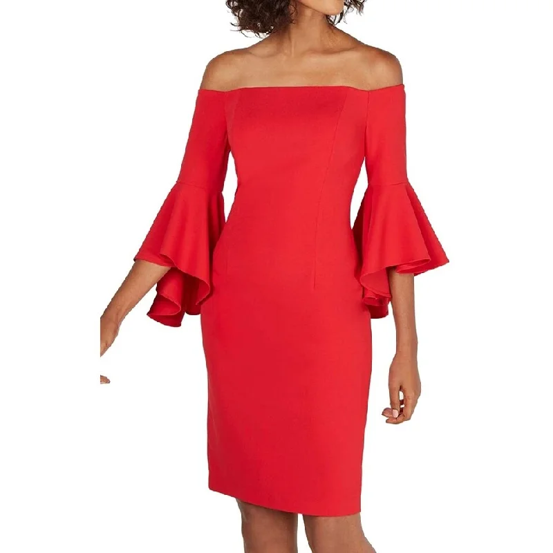 Women's Casual Hoodie Dresses-Calvin Klein Women's Petite Off-The-Shoulder Sheath Dress Red Size 4P