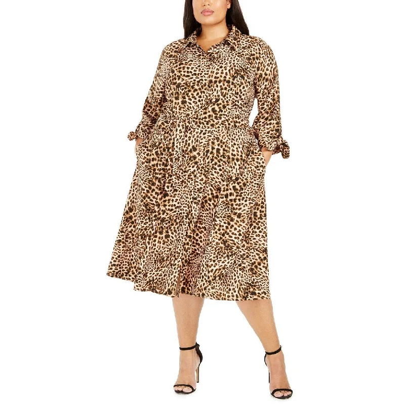 Women's Casual Soft Dresses-Calvin Klein Women's Plus Size Animal-Print Shirtdress Brown Size Small