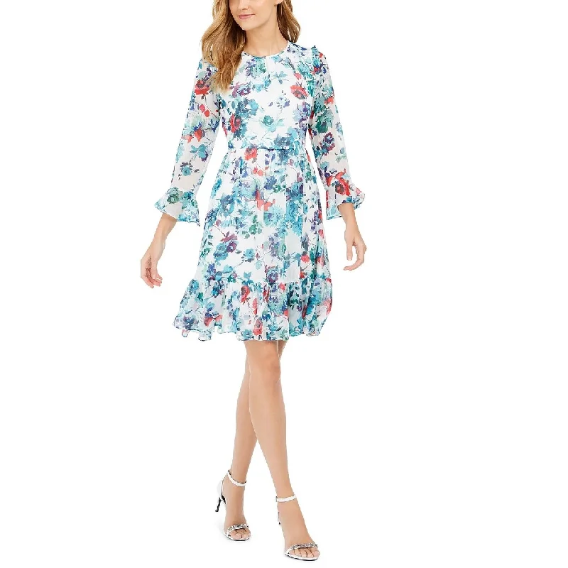 Women's Casual Elbow Sleeve Dresses-Calvin Klein Women's Printed Bell-Sleeve A-Line Dress Blue Size 10