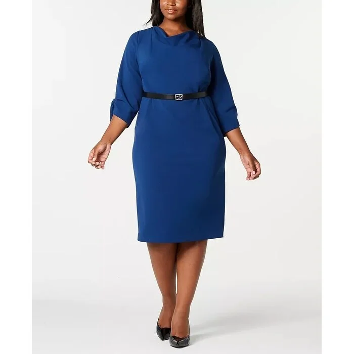 Women's Casual Maxi Floral Dresses-Calvin Klein Women's Trendy Plus Size Cowl-Neck Sheath Dress Blue Size 22 - 22W