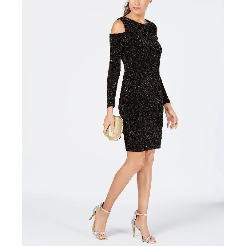 Women's Casual Shirt Solid Color Dresses-Connected Women's Cold Shoulder Glitter Jacquard Dress Black Size 14