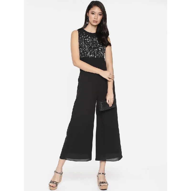 Women's Casual Bohemian Dresses-Connected Women's Glitter Illusion Wide-Leg Jumpsuit Black Size 10