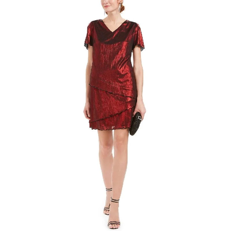 Women's Casual Weekend Print Dresses-Connected Women's Petite Tiered Metallic A-Line Dress Red Size 14