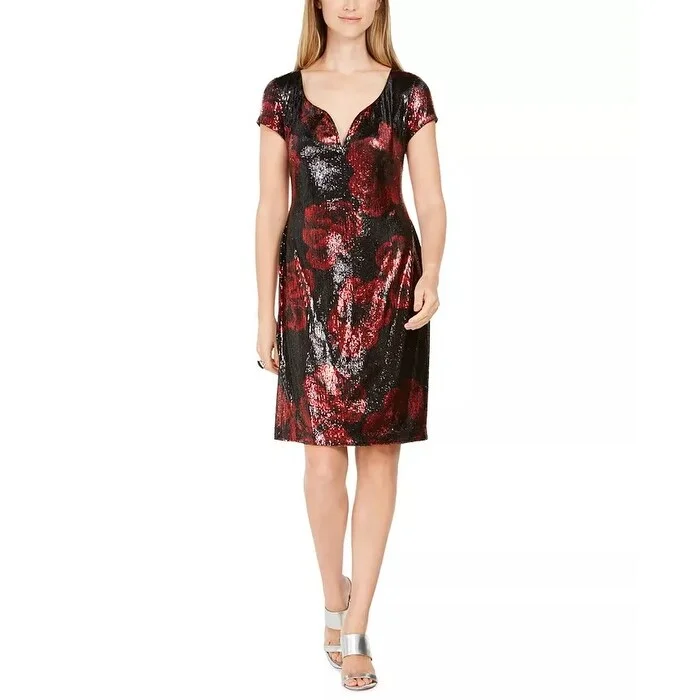 Women's Casual Draped Dresses-Connected Women's Sequined Floral-Print Dress Red Size 10