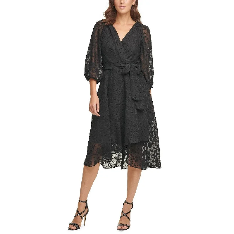 Women's Casual Flowy Dresses-DKNY Women's Balloon-Sleeve V-Neck Wrap Dress Black Size 16