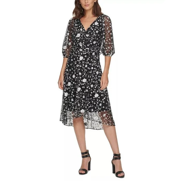 Women's Casual Ruffle Sleeve Dresses-DKNY Women's Floral-Embroidered Faux-Wrap Dress Gray Size 12