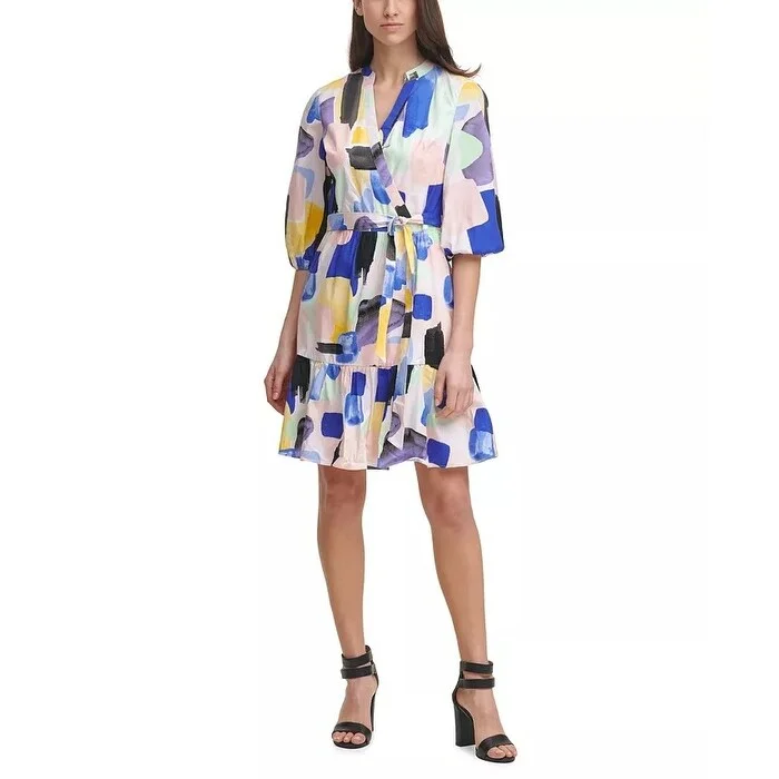 Women's Casual Draped Dresses-DKNY Women's Printed Balloon-Sleeve Dress Gray Size 8