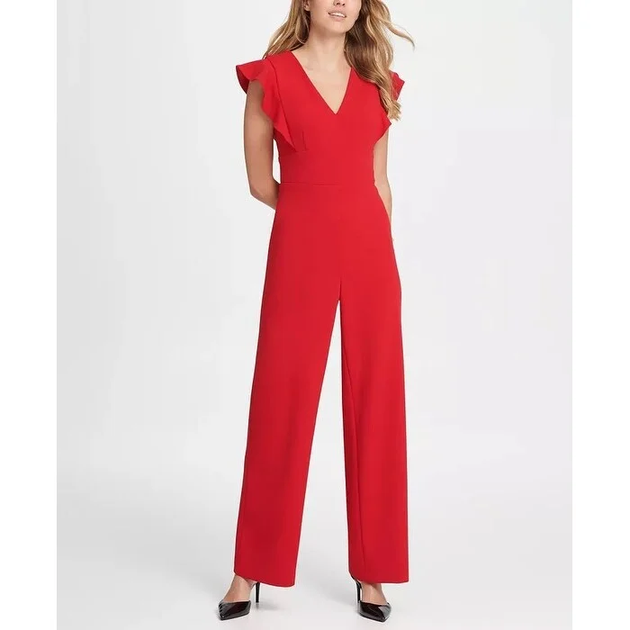 Women's Casual Mini Solid Color Dresses-DKNY Women's Ruffle Detail Jumpsuit Red Size 16