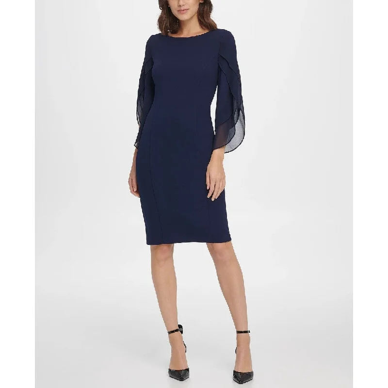 Women's Casual Spaghetti Strap Dresses-DKNY Women's Sheath With 3/4 Chiffon Sleeves Navy Size 4