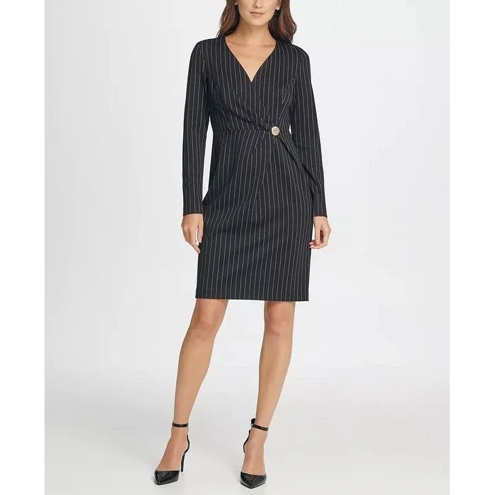 Women's Casual Maxi Print Dresses-DKNY Women's V Neck Pinstripe Gold Button Coat Dress Grey Size 2