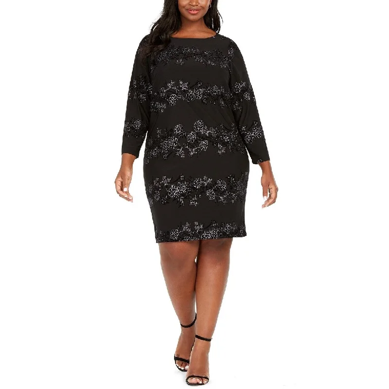 Women's Casual Fitted Dresses-Jessica Howard Women's Plus Size Sparkle Floral Dress Black Size 18