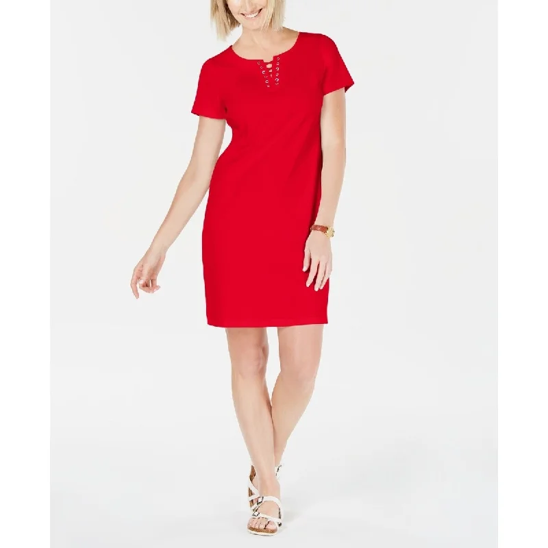 Women's Casual Belted Dresses-Karen Scott Women's Cotton Lace Up Split Neck Dress Red Size X-Large