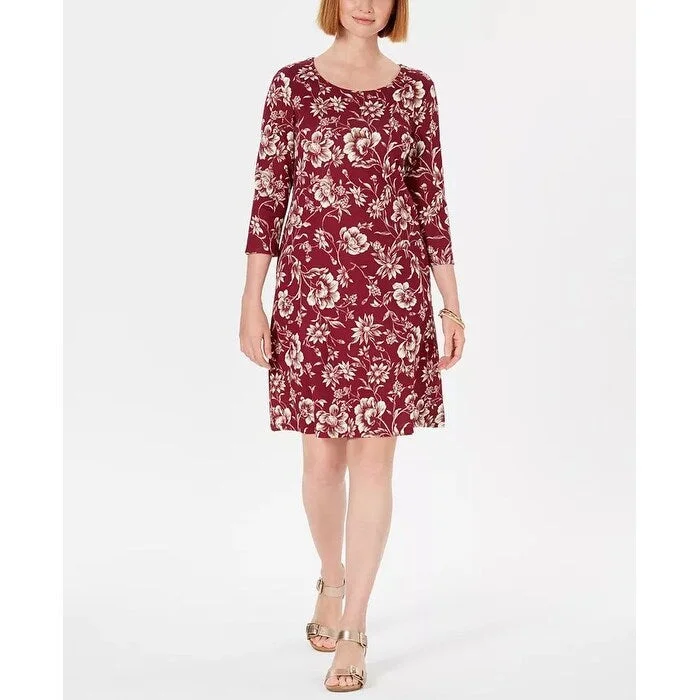 Women's Casual Formal Dresses-Karen Scott Women's Sport Printed 3/4-Sleeve Shift Dress Red Size Large