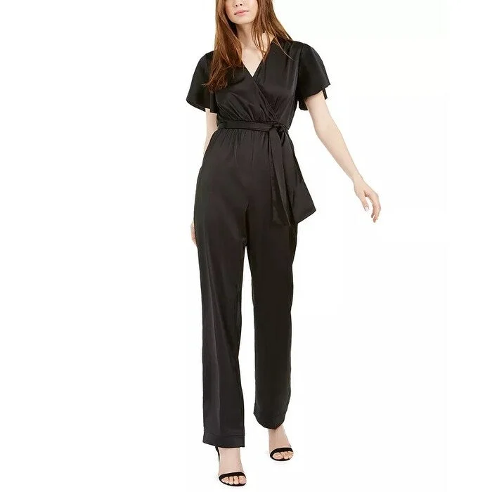 Women's Casual Mini Beach Dresses-Kendall + Kylie Women's Faux Wrap Tie Waist Jumpsuit Black Size Large