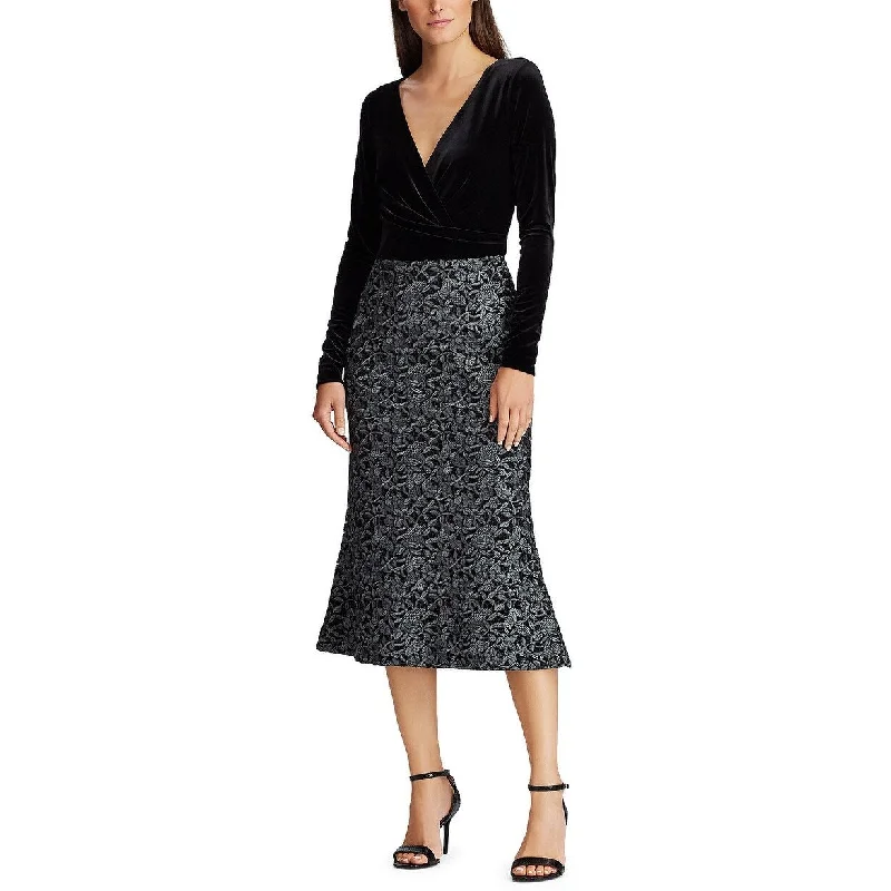 Women's Casual Midi Dresses-Lauren Ralph Lauren Women's Velvet-Lace Dress Black Size 14