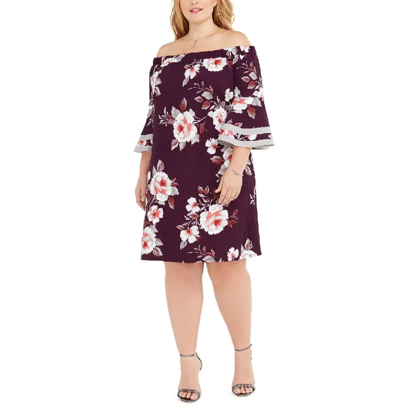 Women's Casual Weekend Print Dresses-Love Squared Women's Trendy Plus Size Off-The-Shoulder Floral Dress Purple Size 2 Extra Large