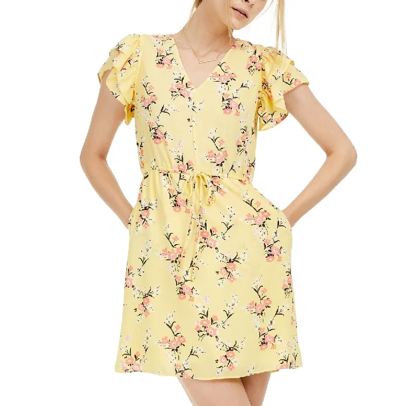 Women's Casual Polka Dot Dresses-Maison Jules Women's Floral-Print Flutter-Sleeve Dress Yellow Size Extra Large - X-Large