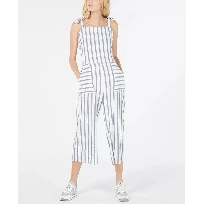 Women's Casual Hoodie Dresses-Monteau Women's Striped Cropped Jumpsuit White Size Petite Large - Petite Large