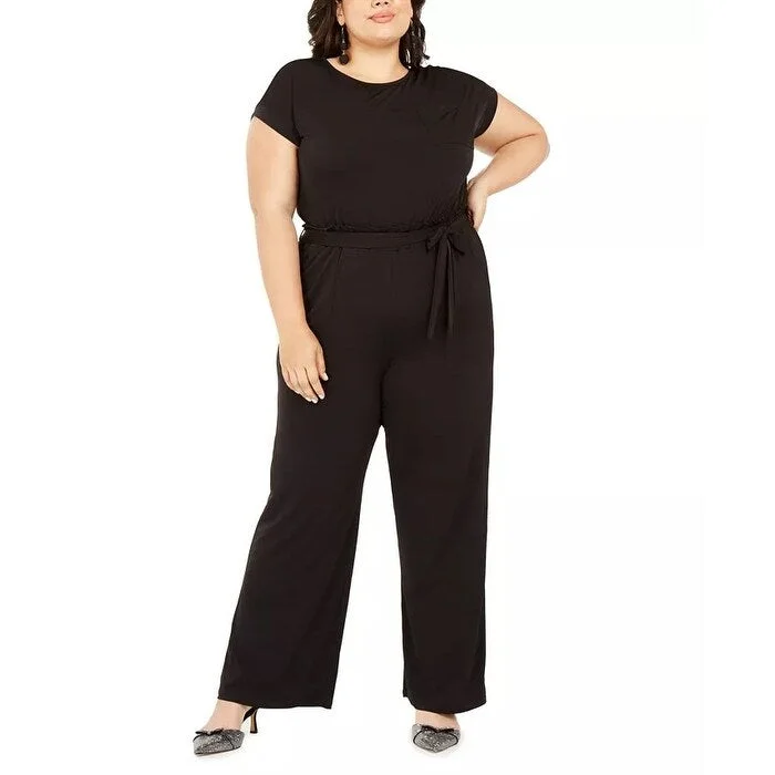 Women's Casual Travel Dresses-Monteau Women's Trendy Belted Paperbag Waist Jumpsuit Black Size 2X