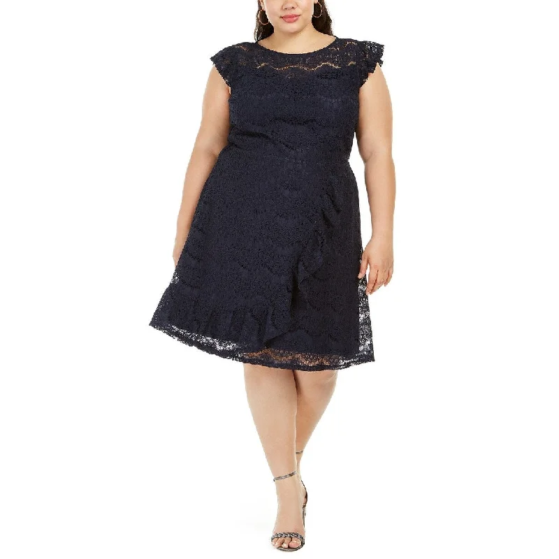 Women's Casual Dressy Dresses-Monteau Women's Trendy Plus Size Ruffled Skater Dress Blue Size 2 Extra Large