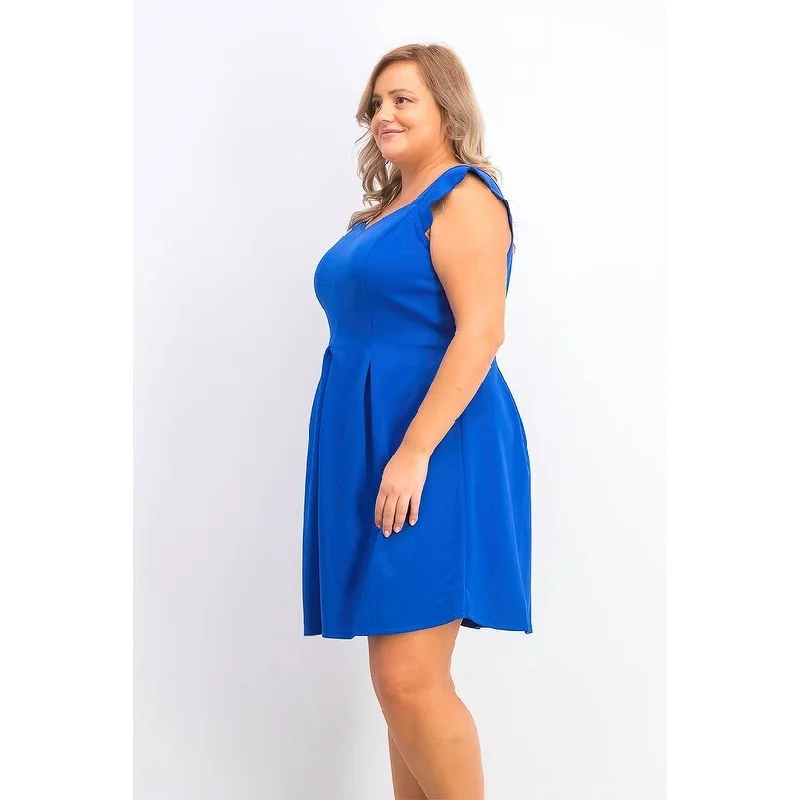 Women's Casual Tank Dresses-Monteau Women's Trendy Plus Size Scalloped A-Line Dress Blue Size 1X