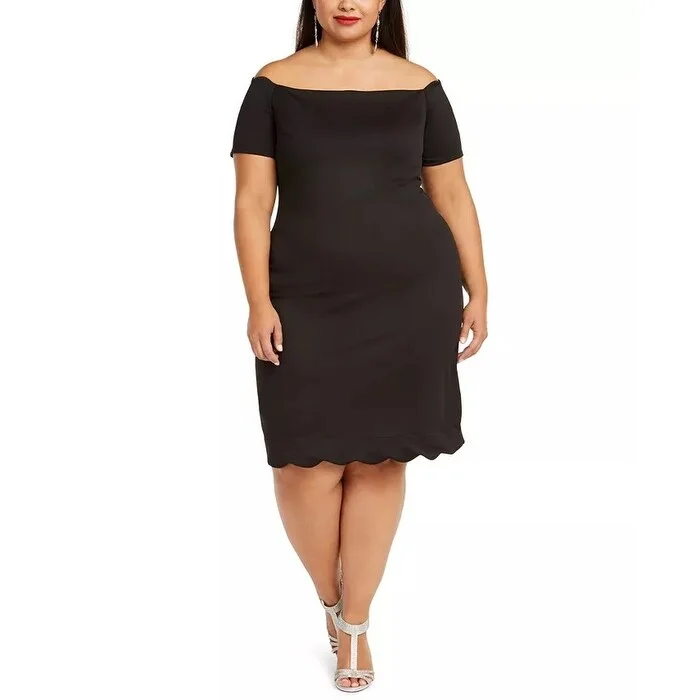 Women's Casual Beach Solid Color Dresses-Monteau Women's Trendy Plus Size Scalloped Off-The-Shoulder Dress Black Size 1X