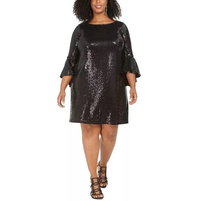 Women's Casual Resort Dresses-MSK Women's Plus Sequinned Bell Sleeve Dress Black Size 2X