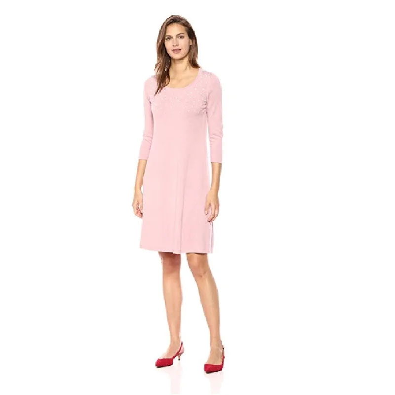 Women's Casual Vacation Solid Color Dresses-Nine West Women's 3/4 Sleeve Sweater Dress with Pearl Details Size Large - Pink