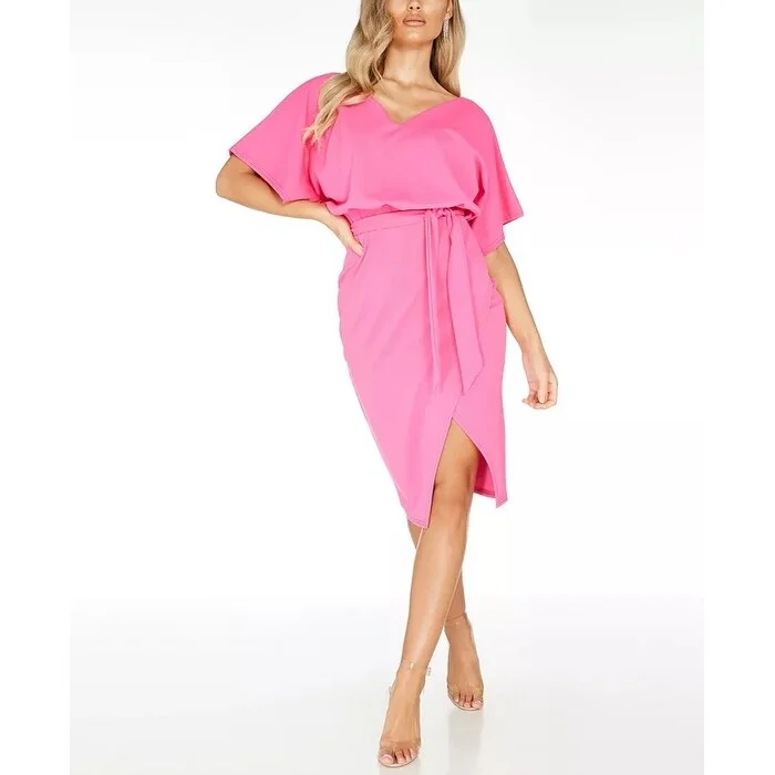 Women's Casual Cold Shoulder Dresses-QUIZ Women's Tie Waist Dress Pink Size 6