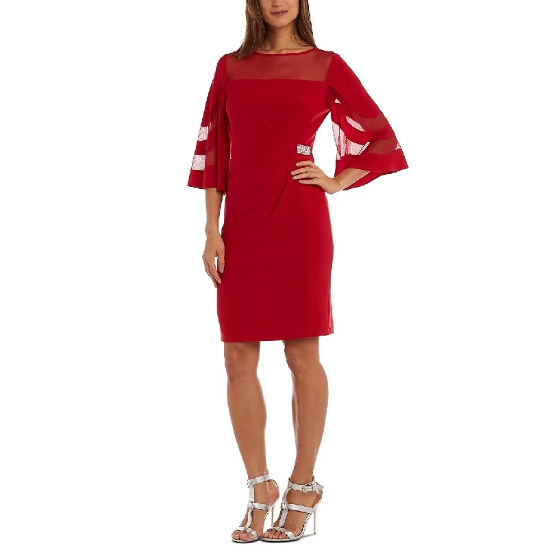 Women's Casual Long Sleeve Dresses-R & M Richards Women's Illusion Detail Bell Sleeve Dress Red Size 12 P - 12 Petite