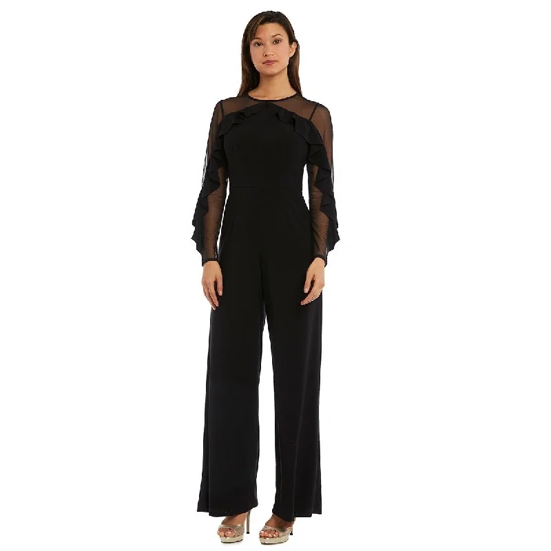 Women's Casual Day Solid Color Dresses-R & M Richards Women's Illusion Ruffle Jumpsuit Black Size 6 Petite - 6 Petite