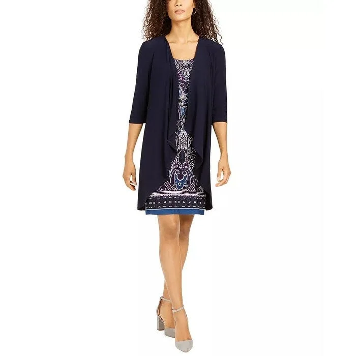 Women's Casual Park Dresses-R & M Richards Women's Necklace Dress & Draped Jacket Navy Size 4 P - 4 Petite