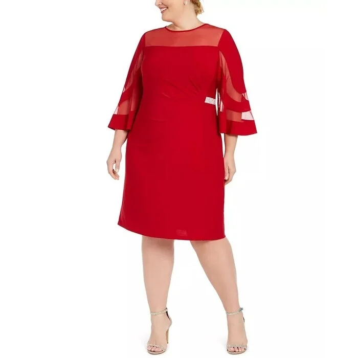 Women's Casual Elbow Sleeve Dresses-R & M Richards Women's Plus Illusion Neck Dress Red Size 20W