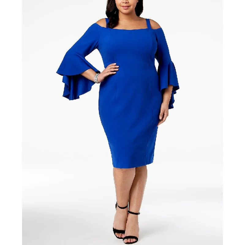 Women's Casual Tie-Front Dresses-R & M Richards Women's Plus Size Off-The-Shoulder Flared-Sleeve Dress Bright Blue Size 20 W