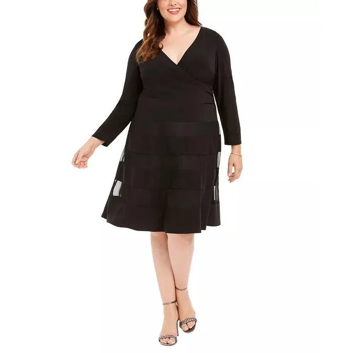 Women's Casual Midi Beach Dresses-R & M Richards Women's Plus Surplice Illusion Stripe Dress Black Size 14W